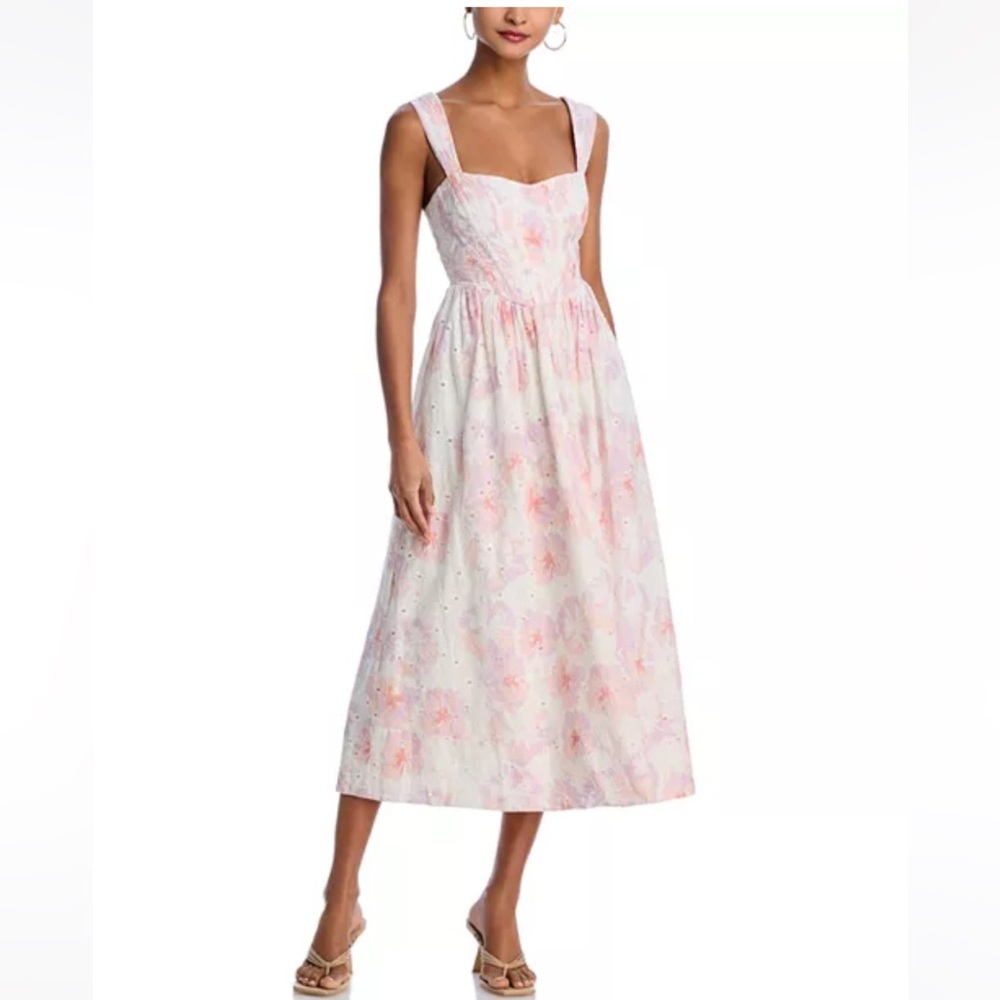 Aqua White Pink Floral Midi Dress - Medium - NWT